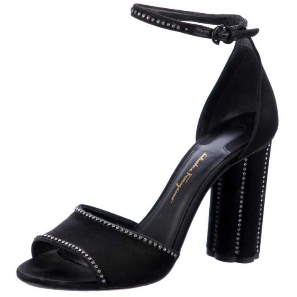 Salvatore Ferragamo Black Satin Heels with Crystal Embellishments